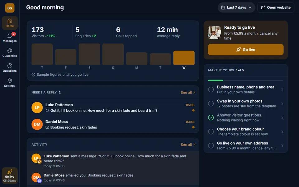Our barber demo: your dashboard