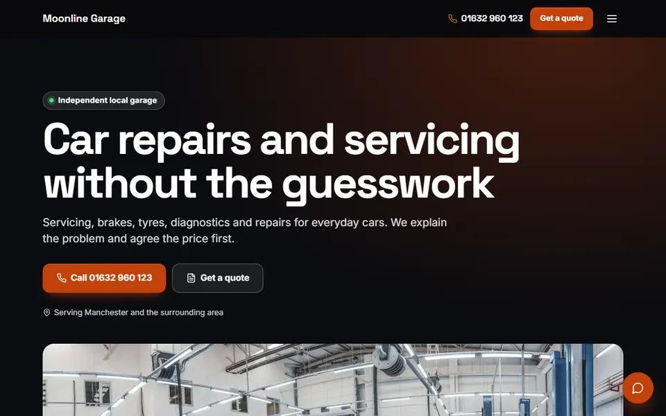 The home page of our mechanic demo website