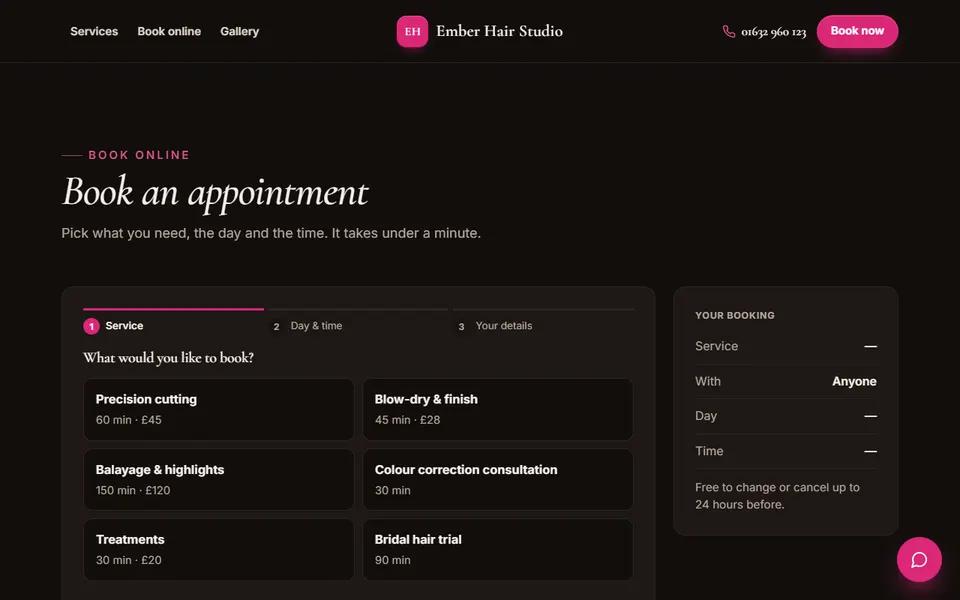Our hairdresser demo: booking