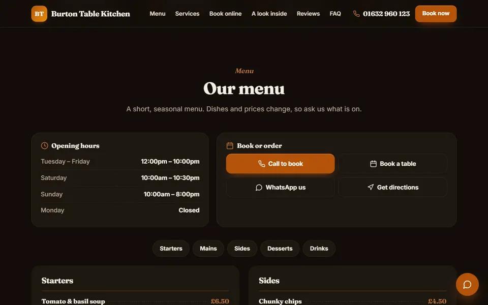 Our restaurant demo: menu